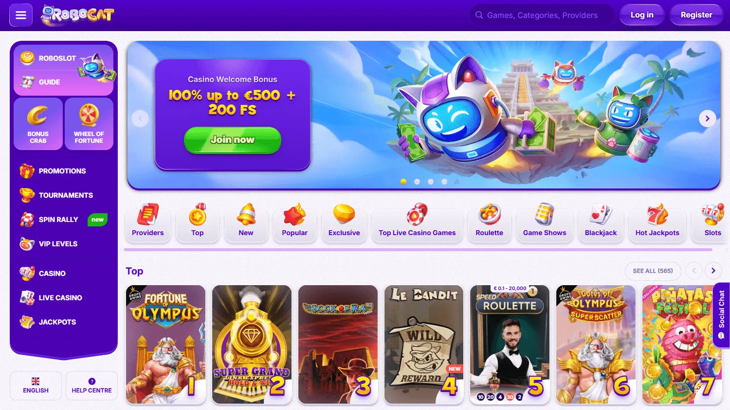 Robocat Casino desktop home interface with casino access and account features