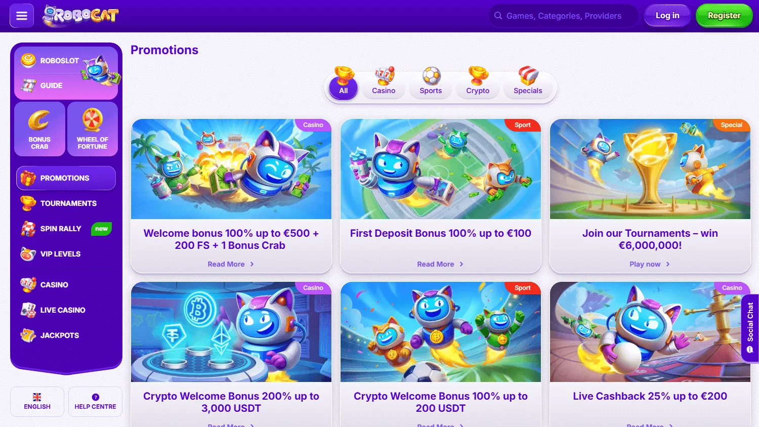 Robocat Casino desktop promotions area with welcome and reload offers