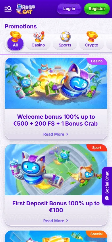 Robocat Casino mobile browser promotions area on a phone