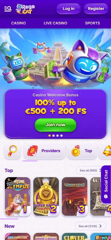 Robocat Casino mobile browser home interface on a phone
