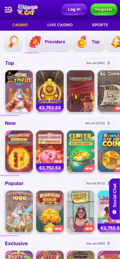 Robocat Casino mobile browser game selection on a phone