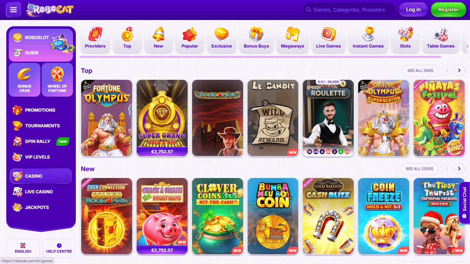 Robocat Casino desktop game browsing interface with casino categories